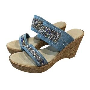 Onex Blue Embellished Maryann Platform Wedge Sandals Size 7 Comfy Fun Flirty